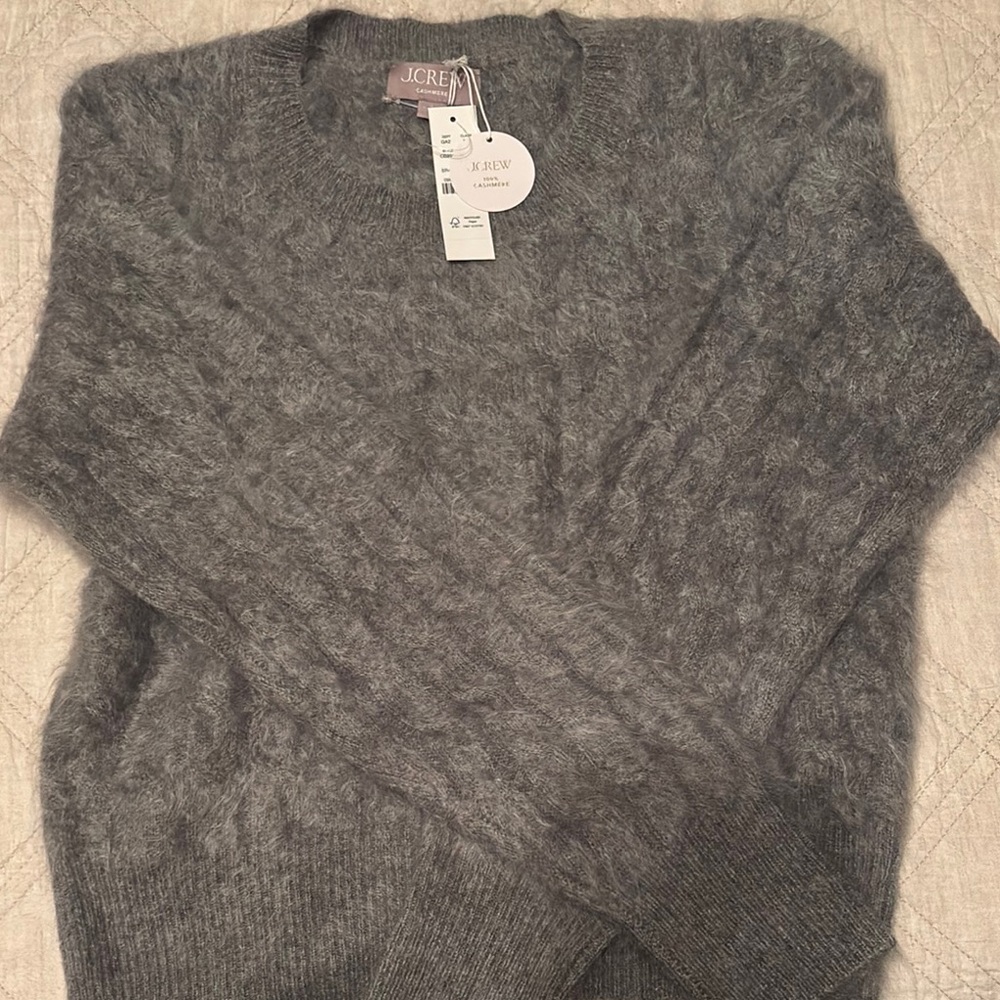 J. Crew Women's grey brushed cashmere shrunken cableknit sweater NWT